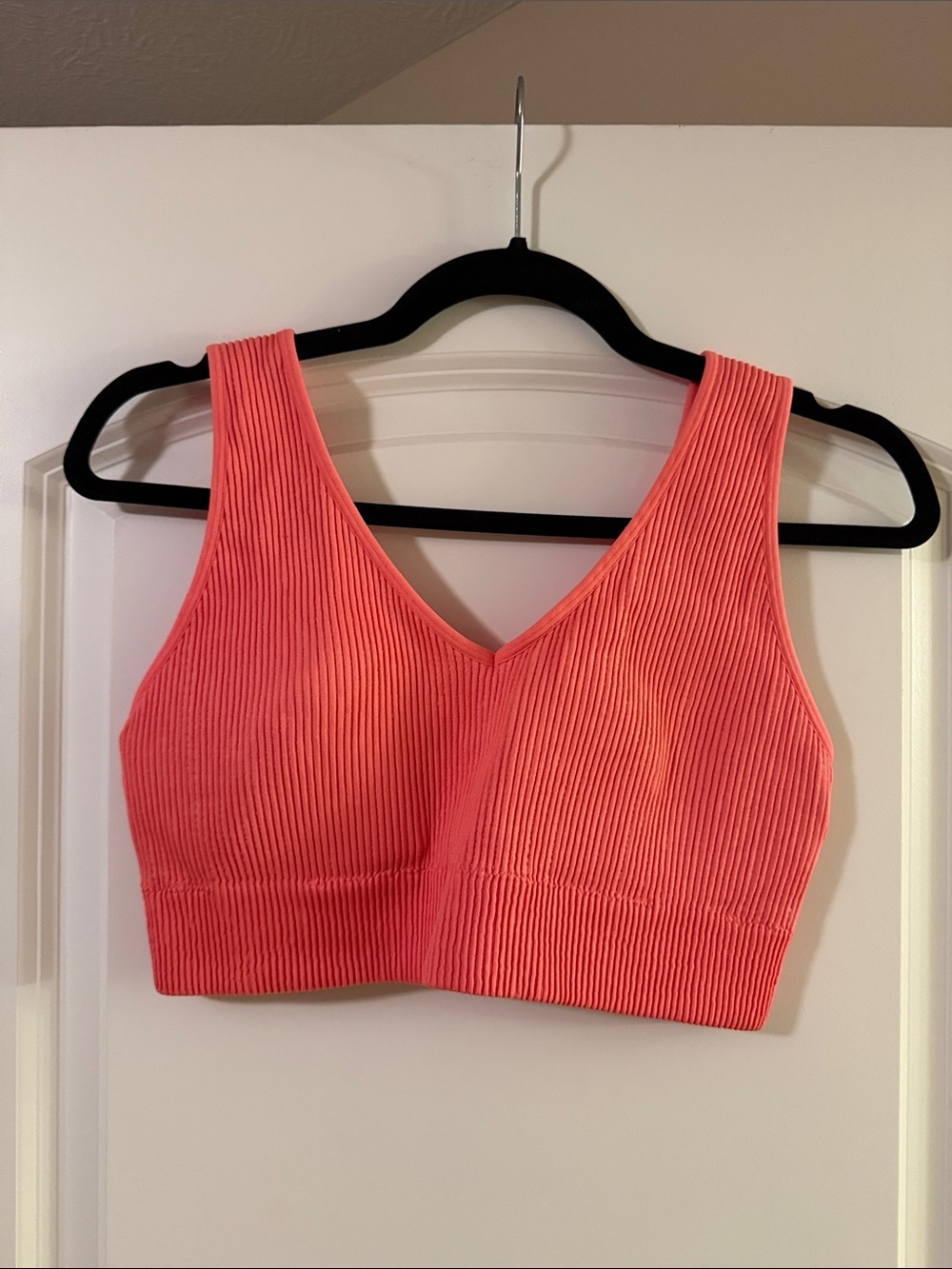 Aerie Seamless Ribbed V-Neck Bralette in Coral Pink-XL